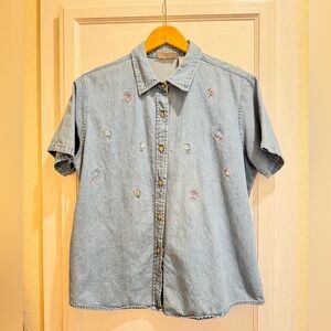 Vintage Embroidered Denim Shirt Dragonfly Floral Button Up Large 100% cotton